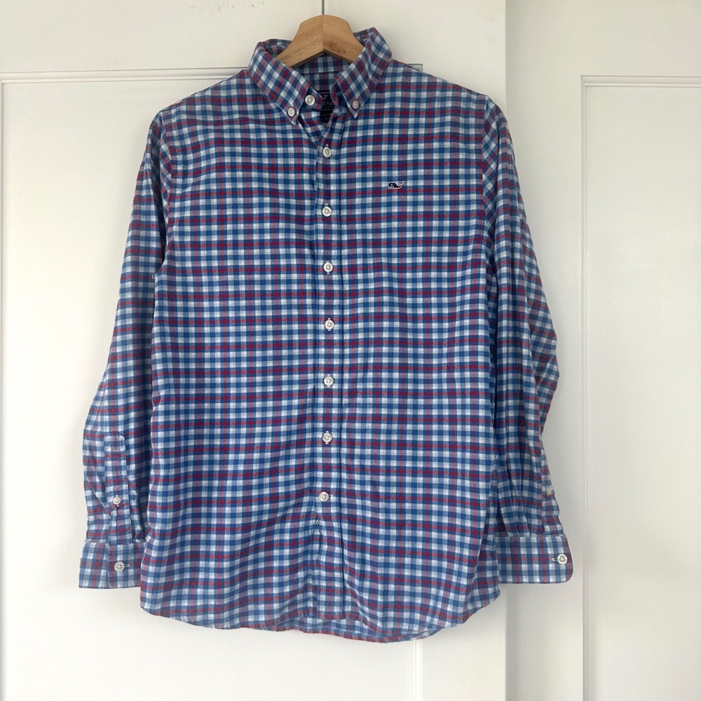 Vineyard Vines Boys Blue‎ Red Plaid Flannel Button Down Shirt Size L 16 Cotton